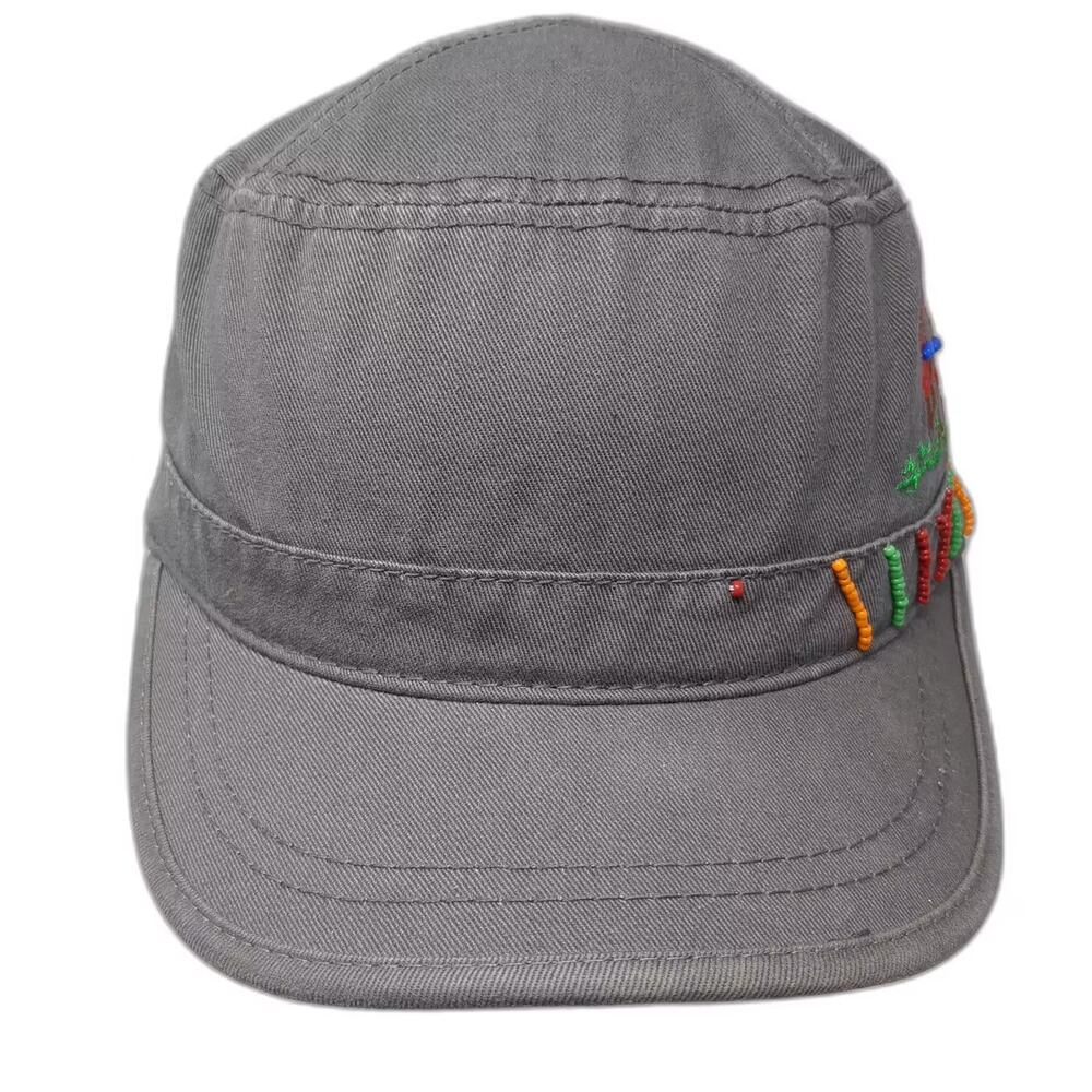 One Way Gray Red Army Cap Hat OS Slideback Embroidered Bead Accent Cotton